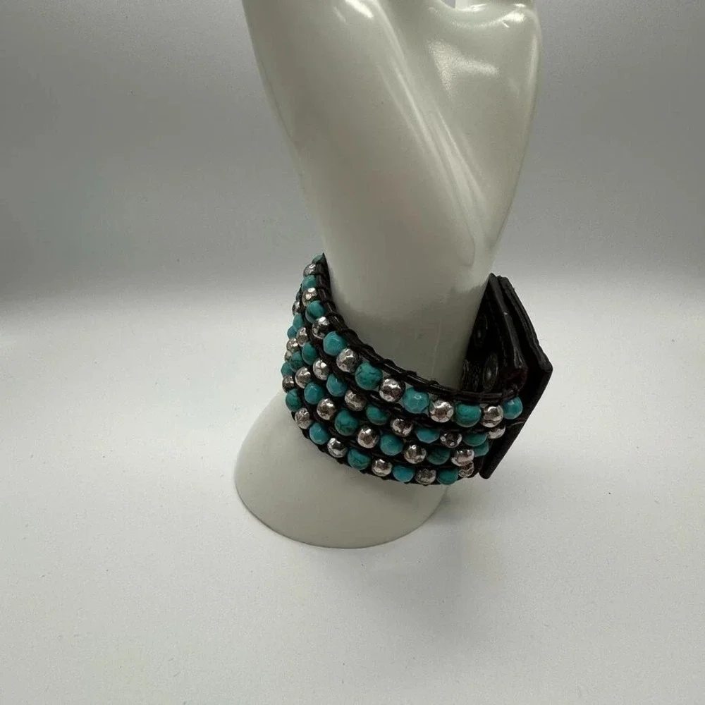 Fik Yung Boho Turquoise‎ Silver Tone Beaded Wrap Bracelet Brown Leather Snap
